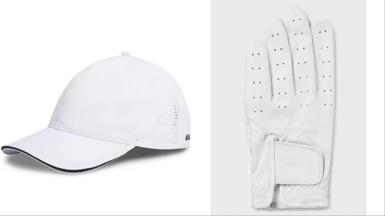 BOSS Tennis系列白色網球帽（左）2200元、BOSS白色小羊皮高爾夫球左手手套（右）2200元。品牌提供