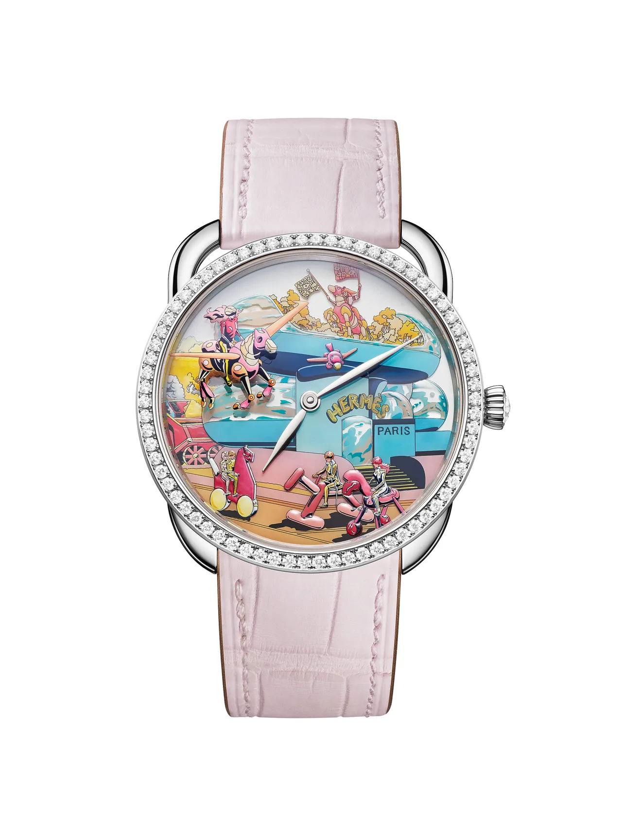 爱马仕Arceau Hermès Locomotion工艺腕表,38mm,白K金表壳(表圈镶嵌71颗钻石),施以微绘工艺的蓝宝石水晶表盘,雾面淡紫色短吻鳄鱼皮表带,爱马仕自制 H1912 自动上链机械机芯,动力储存50小时,防水深度30米,限量12只。品牌提供