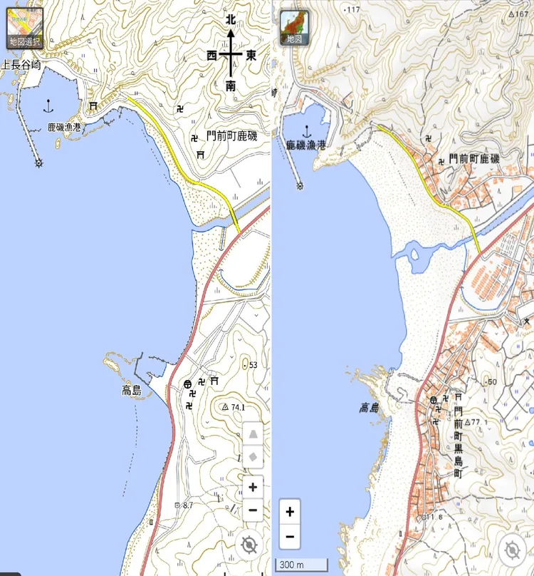 根據日本「國土地理院」的地圖更新，發現能登半島較震前多出1至3公尺的土地。翻攝自たてやま@Hokuriku_Island X