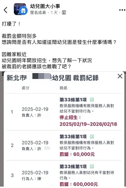 住在该幼儿园附近的网友上脸书社团发问,「裁罚金额特别多,是否发生了什么事情?」,并考虑明年恢复招生后,让小孩去就读。翻摄自脸书