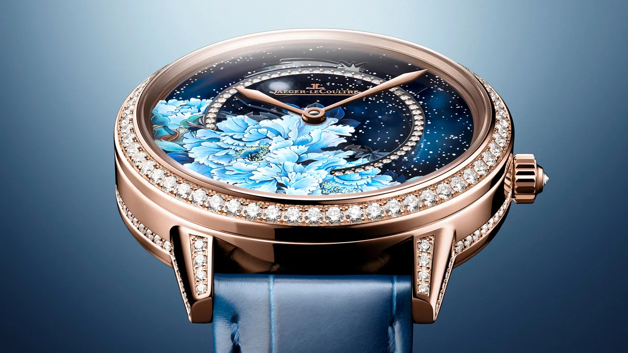 積家Rendez-Vous Shooting Star約會系列流星腕錶 (粉紅色牡丹款),36mm,18K玫瑰金錶殼,藍寶石水晶玻璃、珍珠母貝錶盤,玫瑰金錶鍊鑲嵌鑽石,積家734型自動上鏈機械機芯,動力儲存70小時,防水深度50米,限量10只。品牌提供
