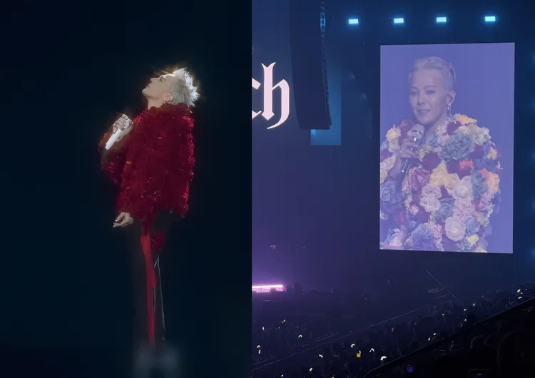 GD在其他場次都穿紅色玫瑰外套（左圖），台北場首度以彩色花朵亮相。Galaxy Corporation、讀者提供