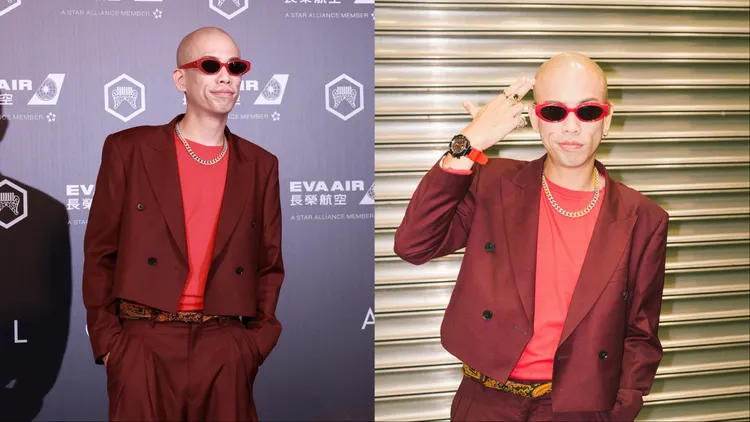 呂士軒在金曲獎紅毯上以紅色西裝搭配紅黑配色的T-RACE競速系列腕錶。品牌提供