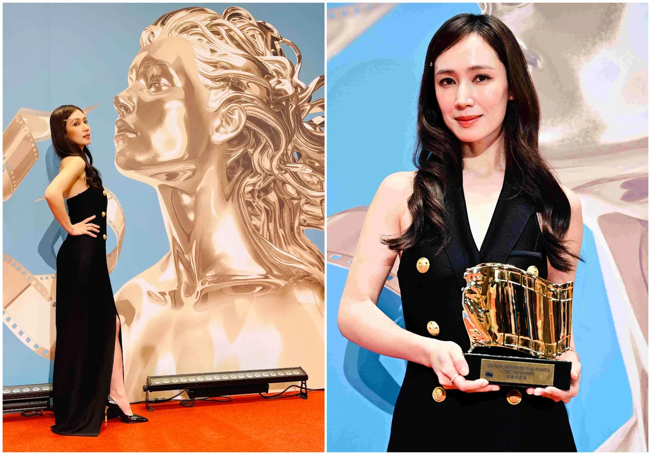 美丽的小薰与电影节主视觉、缪斯女神奖座相互辉映。桃园电影节提供