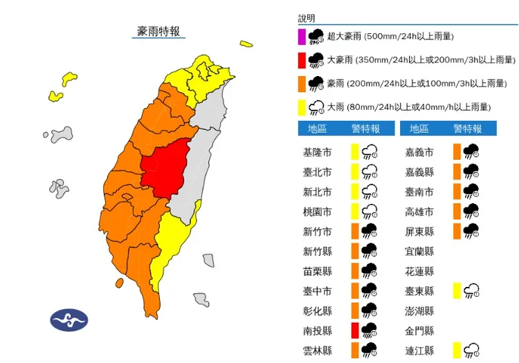 氣象署表示中南部地區有陣雨或雷雨，降雨較持續，易有大雨或豪雨發生，尤其南部山區有豪雨等級以上降雨發生機率。氣象署