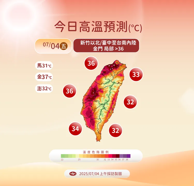 今日高溫預測。氣象署提供