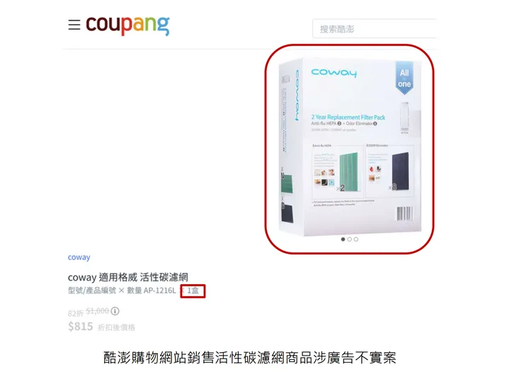 公平會接獲檢舉，酷澎購物網站銷售活性碳濾網商品，廣告商品圖片顯示規格標示為1盒，但消費者訂購後僅收到1片活性碳濾網。公平會提供