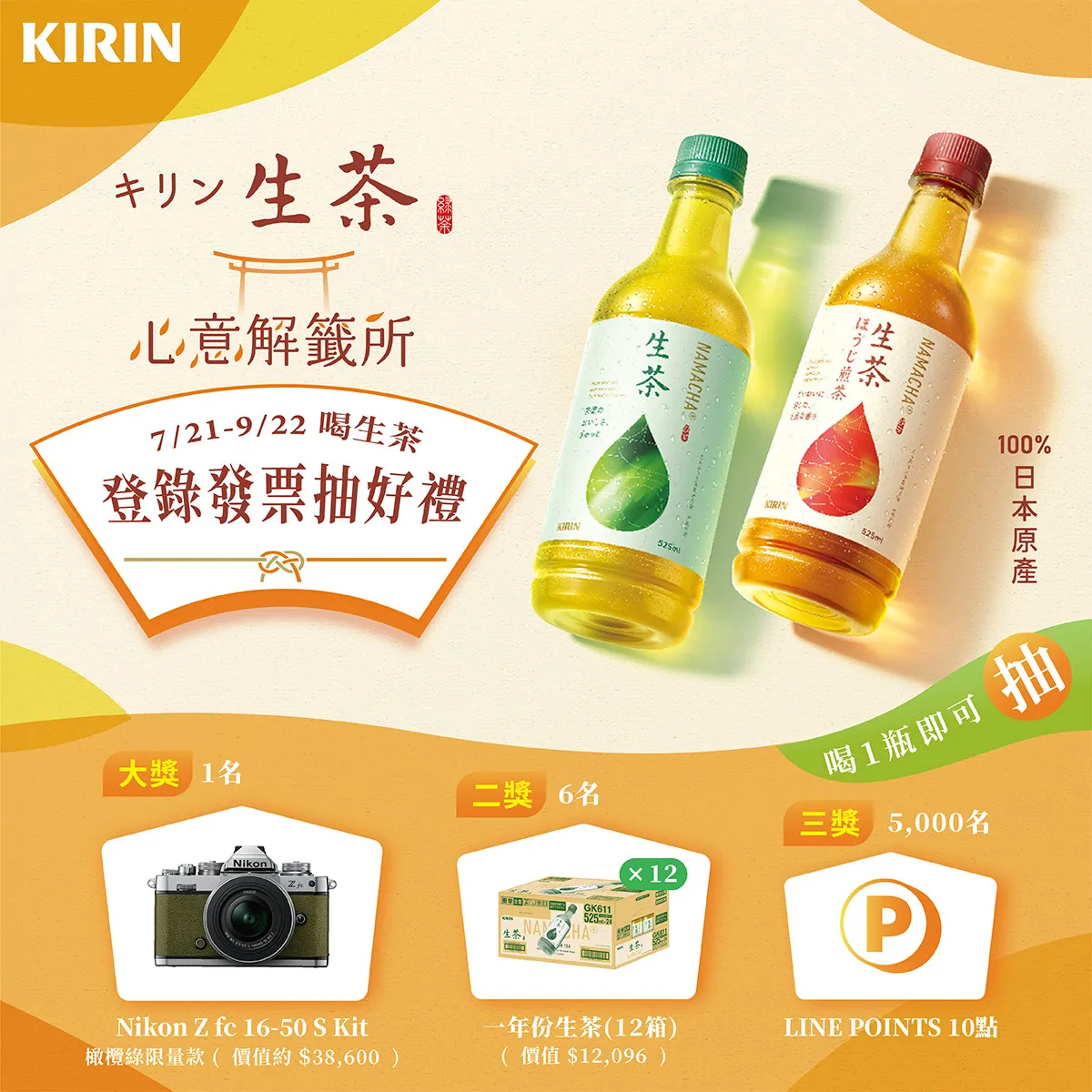 活动期间内,购买「KIRIN 生茶」或「KIRIN生茶-日本焙茶」,登录发票即可获得抽奖机会,有机会带走日本 Nikon 微单眼相机、一年份生茶及LINE POINTS等限量好礼,让每一瓶茶都成为与好运相遇的起点。业者提供