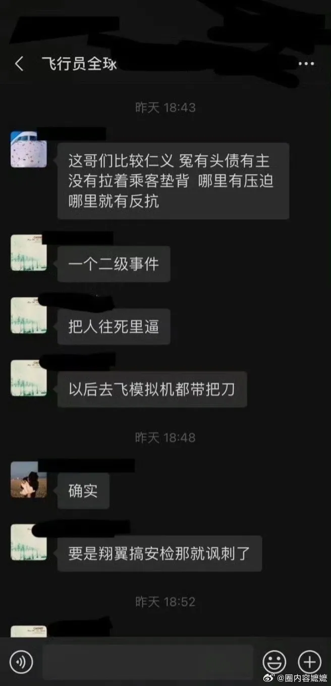飛行員群組留言稱沒害到其他乘客，這機長算是「夠仁義」。翻攝微博