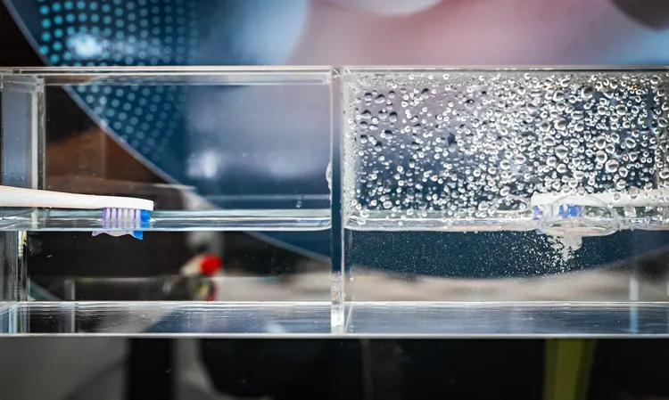 音波流體潔力技術以貝氏刷牙法為原理研發，高頻震動刷毛驅動水流深入齒縫。（左為他牌音波電動牙刷，右為抗敏 Pro 鑽石護敏刷）。飛利浦提供