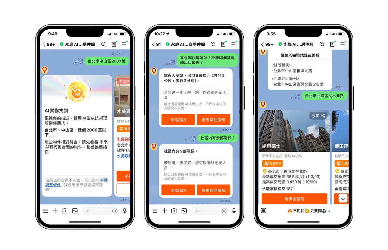 「永庆AI特助」就像房仲业的ChatGPT一样,消费者只要表达想要找的区域、预算和对房屋的条件,「永庆AI特助」就会自动推荐房屋。永庆房产集团提供