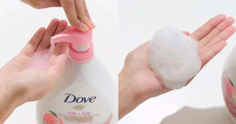 「白桃x白茶」顏色超美！而且泡沫細緻、香味好聞，每次洗澡都會感覺好幸福！