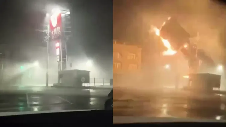 颱風丹娜絲帶來16級陣風，台南一間大潤發招牌倒塌冒出火花。翻攝自網路