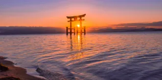 造訪著名的湖上鳥居「白鬚神社」，欣賞夏日餘暉映照鳥居的絕美景致。滋賀縣政府官網