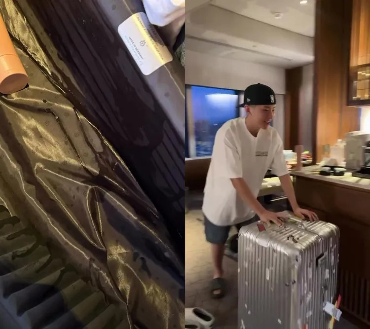 HOSHI的行李箱裡到處都是外流的洗髮精，無奈推著箱子到浴室善後。翻攝HOSHI IG