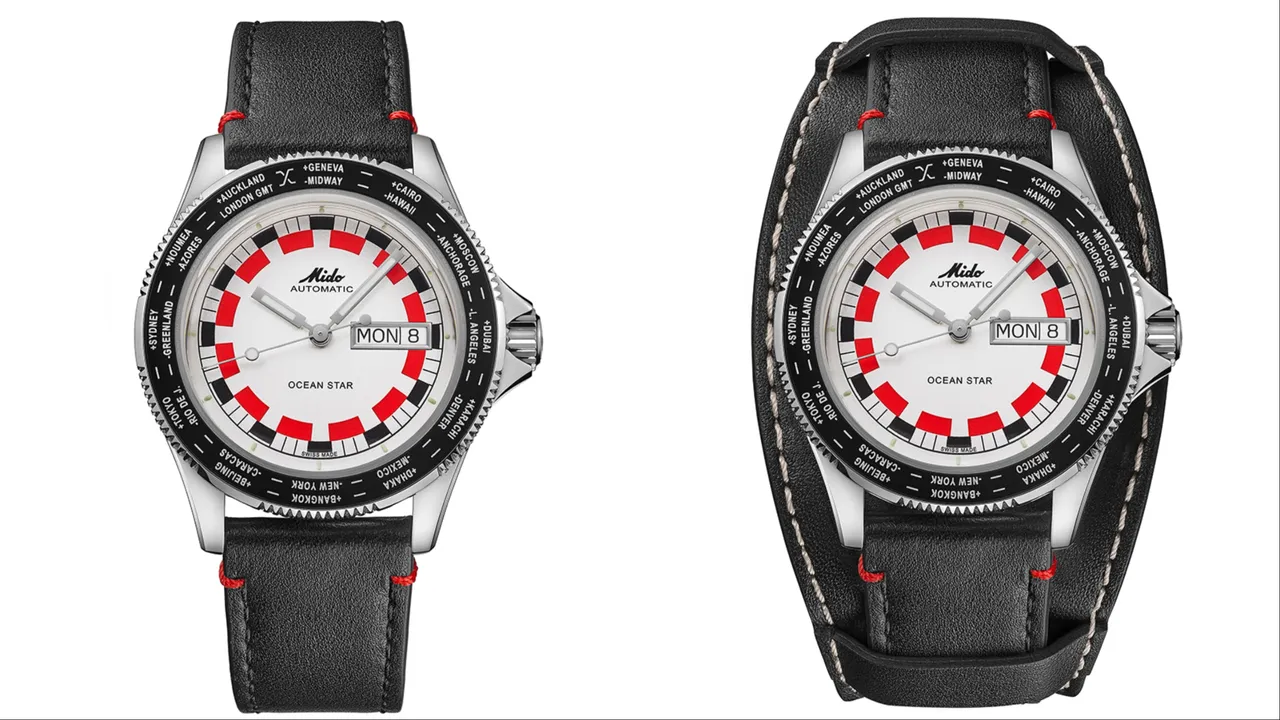 MIDO Ocean Star Worldtimer世界时区腕表提供双表带,3万1300元。品牌提供