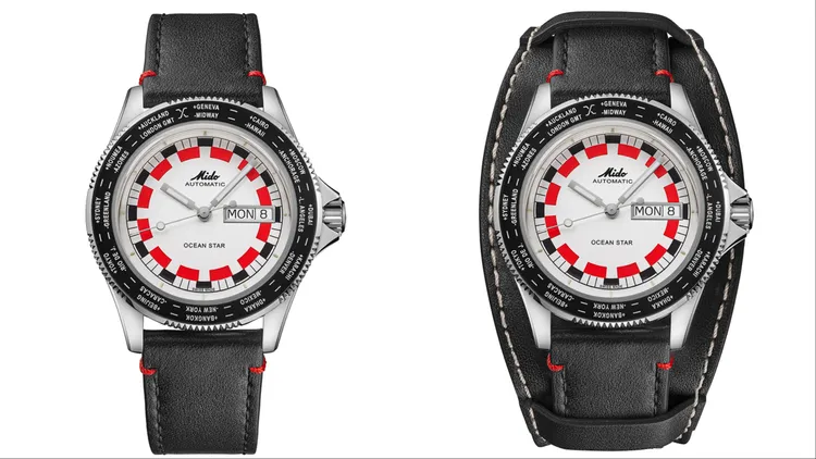 MIDO Ocean Star Worldtimer世界時區腕錶提供雙錶帶，3萬1300元。品牌提供