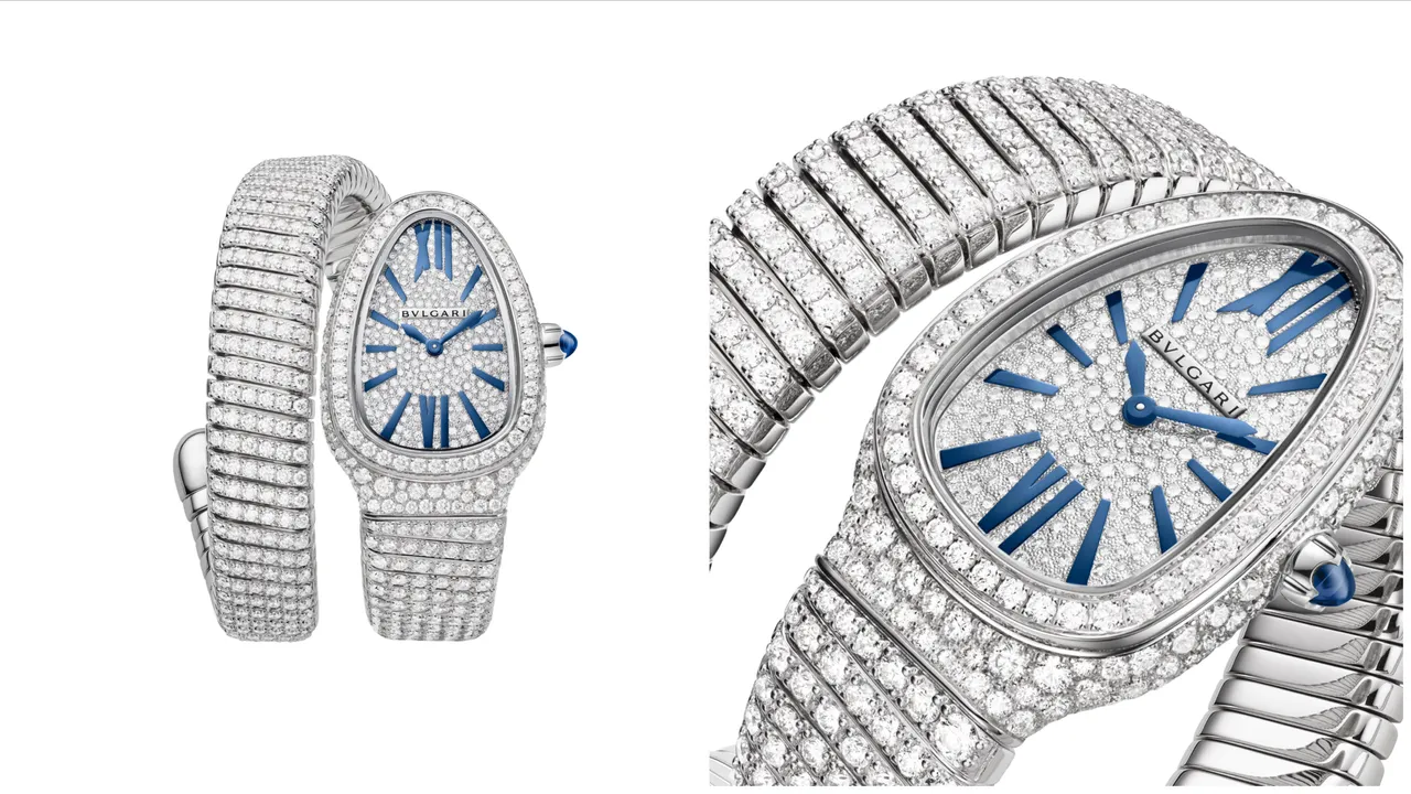 寶格麗SERPENTI INFINITI白K金鑲鑽單圈珠寶腕錶,35mm,白K金弧形錶殼鑲嵌密鑲鑽石,錶圈鑲嵌圓形明亮切割鑽石,白K金錶盤鑲嵌圓形明亮切割密鑲鑽石,白K金單圈錶帶鑲嵌978顆圓形明亮切割鑽石(總重約13克拉),石英機芯。品牌提供