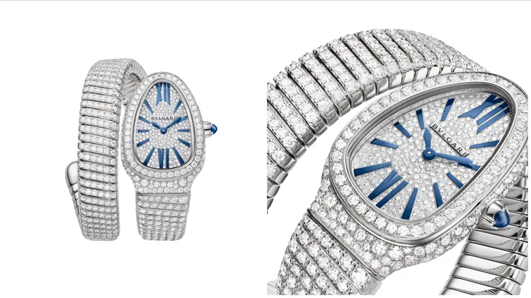 寶格麗SERPENTI INFINITI白K金鑲鑽單圈珠寶腕錶，35mm，白K金弧形錶殼鑲嵌密鑲鑽石，錶圈鑲嵌圓形明亮切割鑽石，白K金錶盤鑲嵌圓形明亮切割密鑲鑽石，白K金單圈錶帶鑲嵌978顆圓形明亮切割鑽石（總重約13克拉），石英機芯。品牌提供
