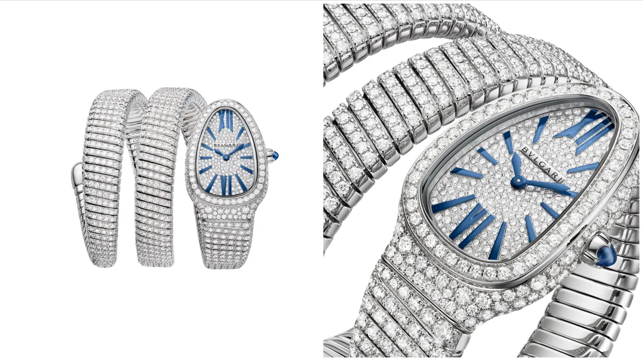 寶格麗SERPENTI INFINITI白K金鑲鑽雙圈珠寶腕錶,35mm,白K金弧形錶殼鑲嵌密鑲鑽石,錶圈鑲嵌圓形明亮切割鑽石,白K金錶盤鑲嵌圓形明亮切割密鑲鑽石,雙螺旋白K金錶帶鑲嵌1344顆圓形明亮切割鑽石(總重約20克拉),石英機芯。品牌提供