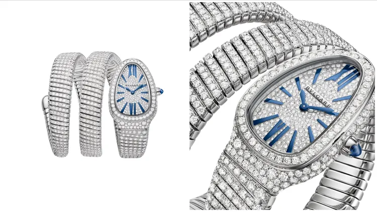 寶格麗SERPENTI INFINITI白K金鑲鑽雙圈珠寶腕錶，35mm，白K金弧形錶殼鑲嵌密鑲鑽石，錶圈鑲嵌圓形明亮切割鑽石，白K金錶盤鑲嵌圓形明亮切割密鑲鑽石，雙螺旋白K金錶帶鑲嵌1344顆圓形明亮切割鑽石（總重約20克拉），石英機芯。品牌提供