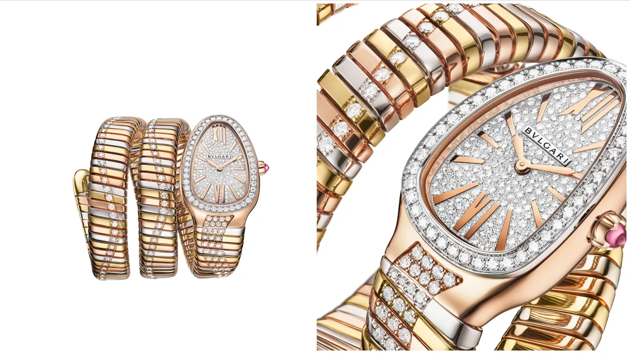 寶格麗SERPENTI INFINITI三金鑲鑽雙圈珠寶腕錶,35mm,玫瑰金弧形錶殼鑲嵌密鑲鑽石,白K金錶圈鑲嵌圓形明亮切割鑽石,玫瑰金錶盤鑲嵌圓形明亮切割密鑲鑽石,玫瑰金、黃K金與白K金相間雙圈錶帶鑲嵌486顆圓形明亮切割鑽石(總重約6克拉),石英機芯。品牌提供