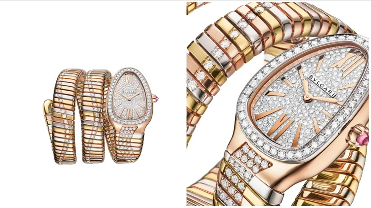 寶格麗SERPENTI INFINITI三金鑲鑽雙圈珠寶腕錶，35mm，玫瑰金弧形錶殼鑲嵌密鑲鑽石，白K金錶圈鑲嵌圓形明亮切割鑽石，玫瑰金錶盤鑲嵌圓形明亮切割密鑲鑽石，玫瑰金、黃K金與白K金相間雙圈錶帶鑲嵌486顆圓形明亮切割鑽石（總重約6克拉），石英機芯。品牌提供