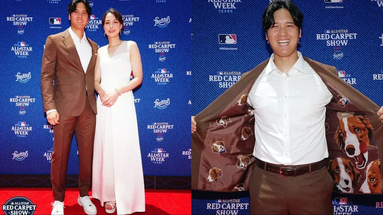 大谷翔平去年同樣穿著BOSS訂製西裝，並藏有愛犬Decopin圖樣。翻攝MLB IG