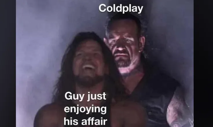 執行長偷吃事件發酵，各種迷因梗圖在網路瘋傳。圖為形容剛偷吃的執行長卻被Coldplay意外揭發。翻攝X@memeAndy Byronaffair