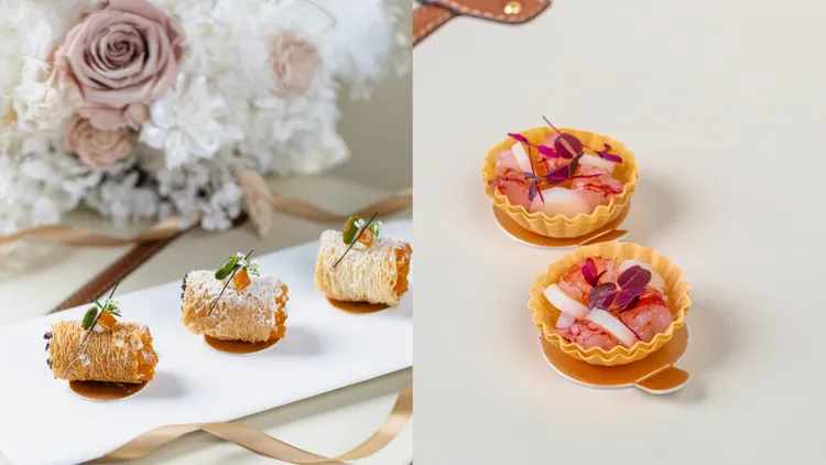 香料西西里捲、蘆筍番茄醋凍胭脂蝦塔。品牌提供