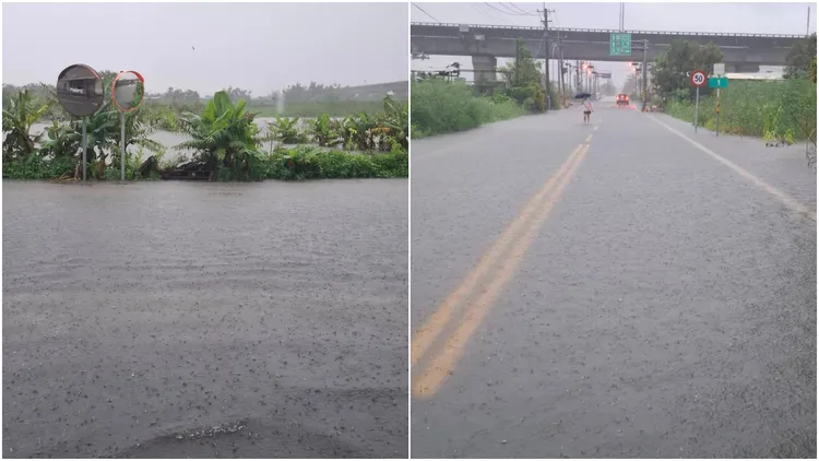 嘉義朴子稻田和道路淹成一片。翻攝《朴子民意觀察站》臉書