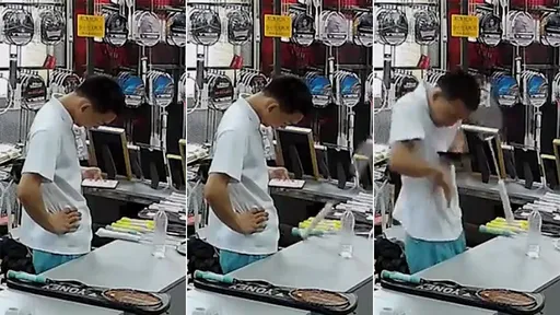 影片|體育店老闆上班玩手機 羽球拍自己跳起來賞他一巴掌
