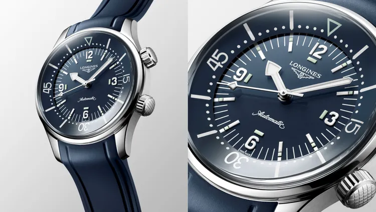 浪琴表Legend Diver復刻傳奇潛水腕錶，39mm，不鏽鋼錶殼，塗漆藍色面盤，藍色像膠錶帶，浪琴表獨家L888.6自動上鍊機械機芯，動力儲存72小時，防水深度300米，10萬3900元。品牌提供