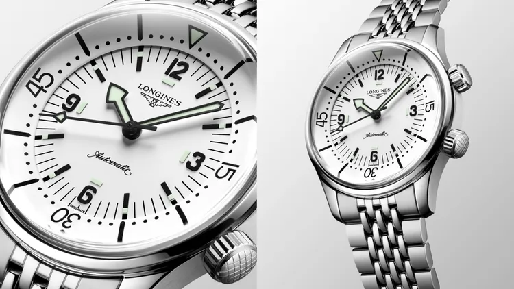 浪琴表Legend Diver復刻傳奇潛水腕錶，39mm，不鏽鋼錶殼，白色啞光面盤，不鏽鋼鍊帶，浪琴表獨家L888.6自動上鍊機械機芯，動力儲存72小時，防水深度300米，10萬3900元。品牌提供