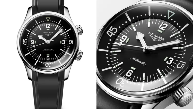 浪琴表Legend Diver復刻傳奇潛水腕錶，39mm，不鏽鋼錶殼，塗漆黑色面盤，黑色橡膠錶帶，浪琴表獨家L888.6自動上鍊機械機芯，動力儲存72小時，防水深度300米，10萬3900元。品牌提供