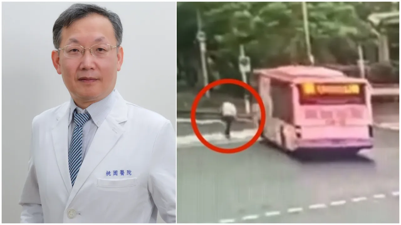 欣欣客运公车疑未注意行人,直接穿越斑马线撞死名医周佳正。左取自卫福部立桃园医院官网、右翻摄画面