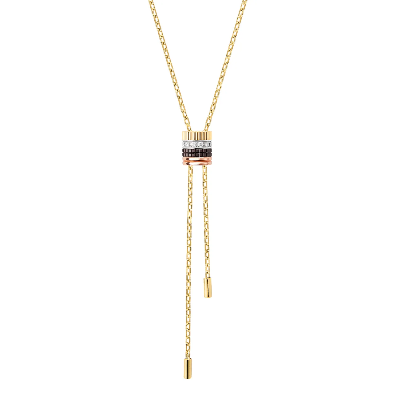 BOUCHERON Quatre Classique系列項鍊,黃金、白金和玫瑰金750材質、棕色 PVD
鑲嵌鑽石,35萬3000元。品牌提供