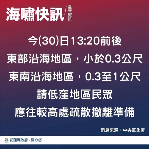 海嘯警報發布 東部沿海預測浪高0.3米花蓮岸巡勸離海邊遊客