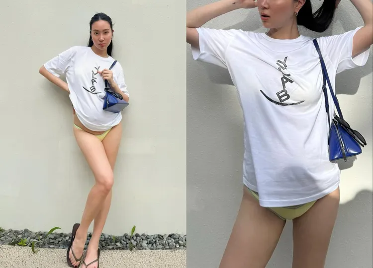 Melinda以下半身失蹤的造型曬出美腿，肩上的Bally Ray提把包也很搶眼。翻攝Melinda IG