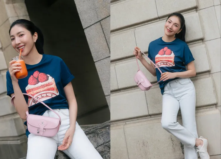 楊謹華以草莓蛋糕短T配上粉色款Beckett斜肩包。翻攝楊謹華 IG