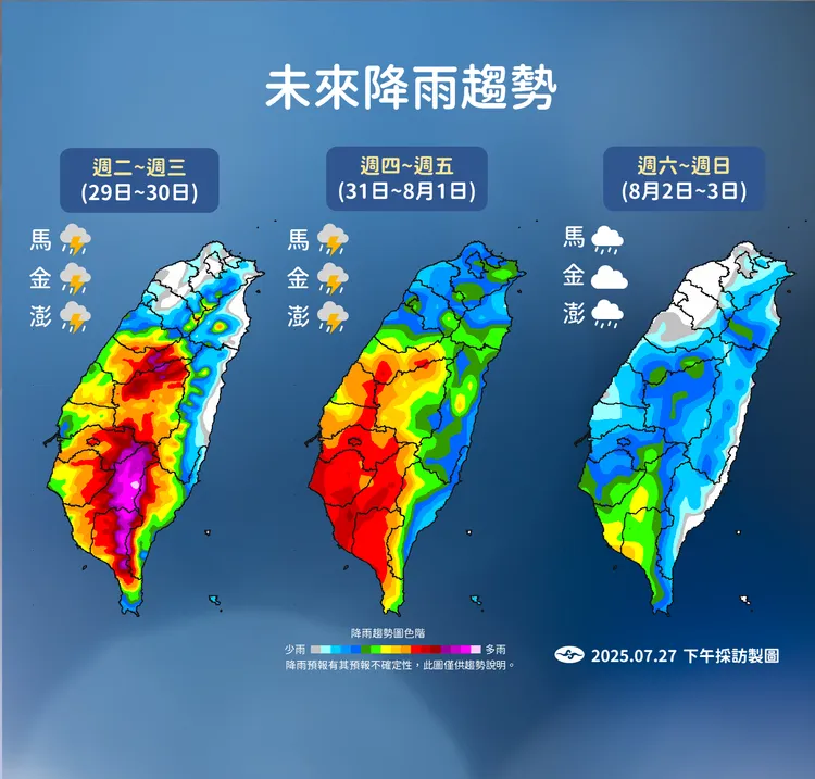 未來（7月29日至8月3日）降雨趨勢。中央氣象署提供