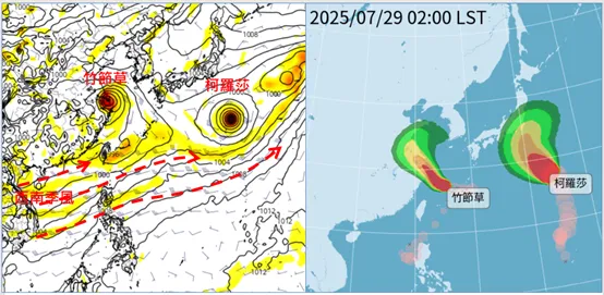 吳德榮指出，左圖為季風環流的西南風進入台灣附近，大氣不穩定(圖取自tropical tidbits)；右圖為「輕颱竹節草」及「中颱柯羅莎」動向，對台無影響。