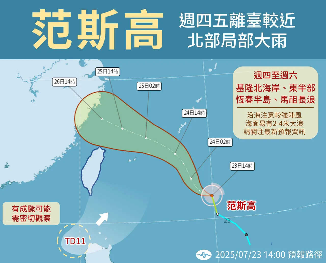 台风「范斯高」这两天(24、25)距离台湾最近。中央气象署
