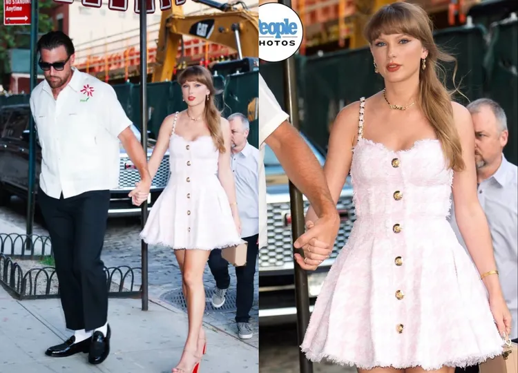 泰勒絲穿著粉色千鳥格紋短洋裝，在196公分球星男友身旁化身甜美小公主。翻攝tayvis.socials IG
