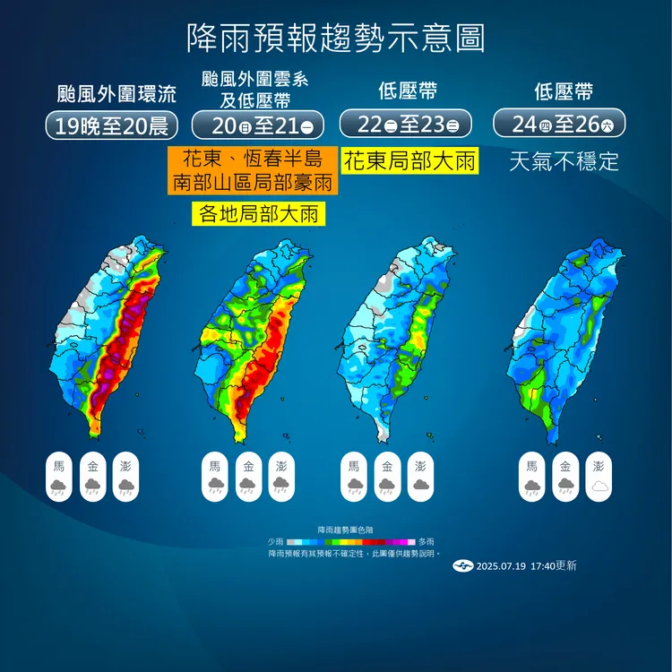 全台降雨趨勢預報。氣象署提供