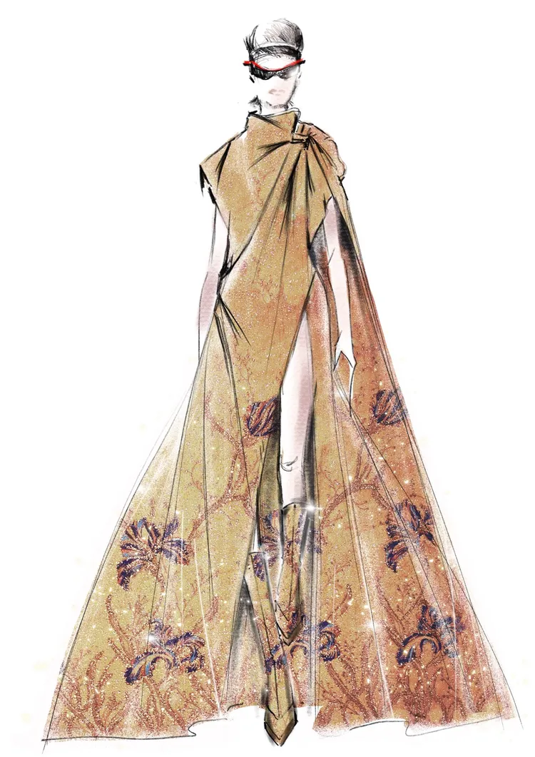 金蔥透膚刺繡禮服手稿。品牌提供