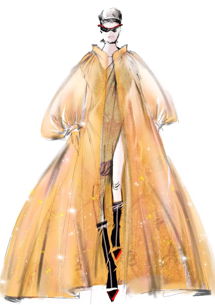 夏姿粉膚水墨烏干紗袍手稿。品牌提供