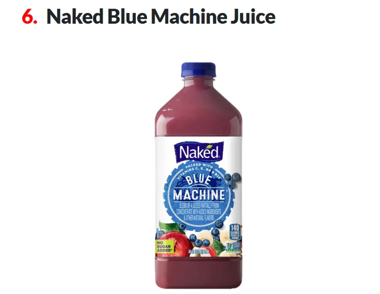 即使是標榜「無添加糖」的果昔飲品，也不一定健康。像是 Naked Blue Machine Juice，雖沒額外加糖，但濃縮果泥導致血糖飆升速度與汽水差不多，一瓶就含53克糖。Walmart。