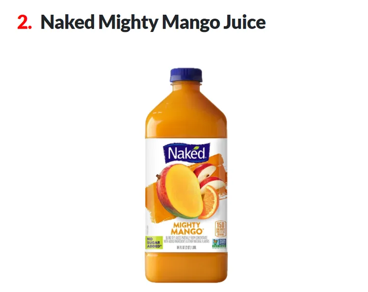 Mighty Mango 果昔更是名副其實的「甜到爆」，一瓶的糖分甚至超越一條士力架加上一罐可樂的總和。Walmart。