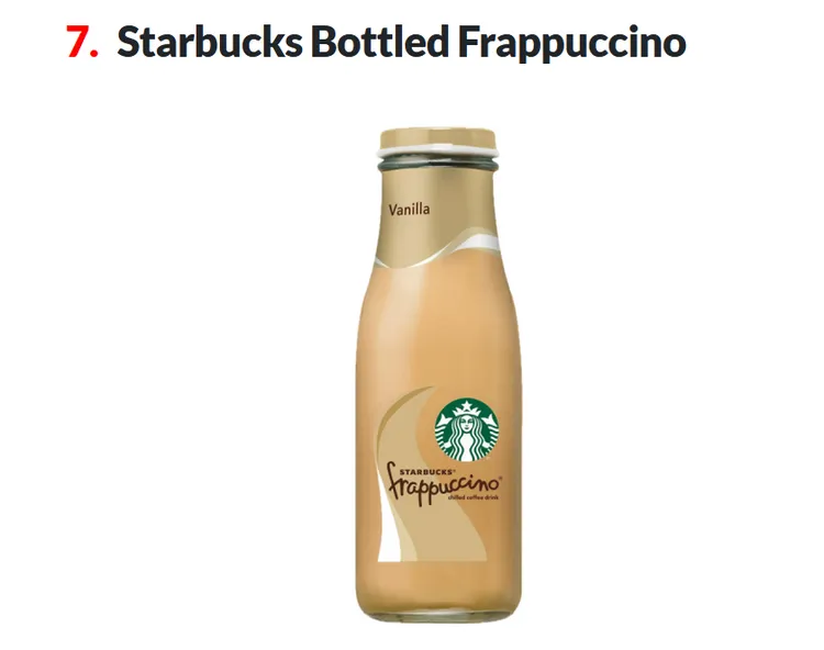 甜蜜的 星巴克 Frappuccino 雖然是許多人早晨或下午提神良伴，但其含糖量比大部分甜點還高，每瓶高達52克糖。Walmart。